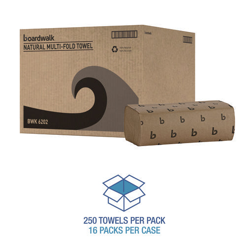 Image of Boardwalk® Multifold Paper Towels, 1-Ply, 9 x 9.45, Natural, 250/Pack, 16 Packs/Carton