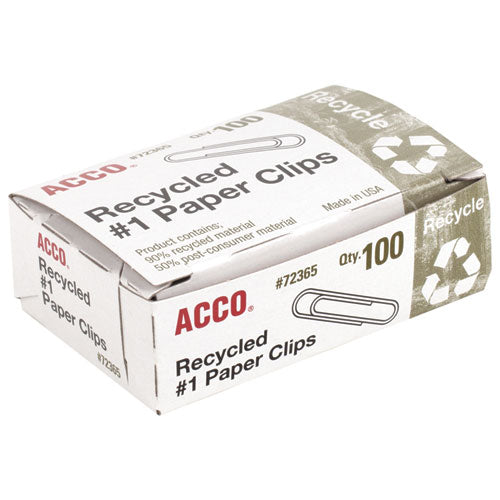 Image of ACCO Recycled Paper Clips, #1, Smooth, Silver, 100 Clips/Box, 10 Boxes/Pack