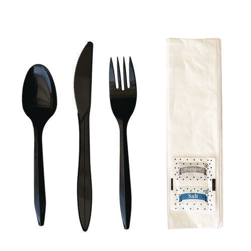 Image of Boardwalk® Six-Piece Cutlery Kit, Mediumweight, Fork/Knife/Napkin/Pepper/Salt/Spoon, 5.86", Plastic, Black, 250/Carton