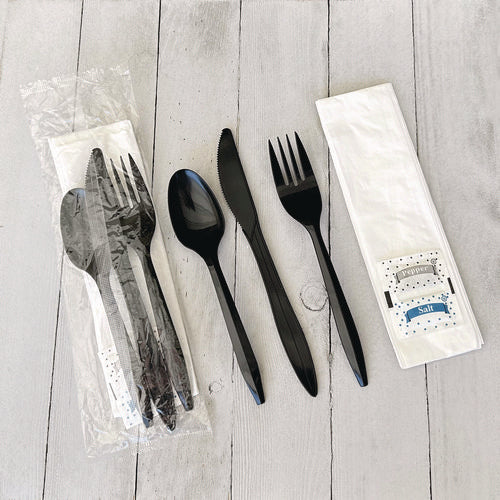 Image of Boardwalk® Six-Piece Cutlery Kit, Mediumweight, Fork/Knife/Napkin/Pepper/Salt/Spoon, 5.86", Plastic, Black, 250/Carton