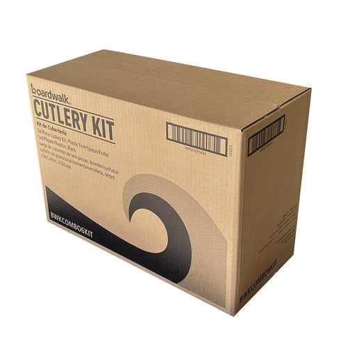 Image of Boardwalk® Six-Piece Cutlery Kit, Mediumweight, Fork/Knife/Napkin/Pepper/Salt/Spoon, 5.86", Plastic, Black, 250/Carton