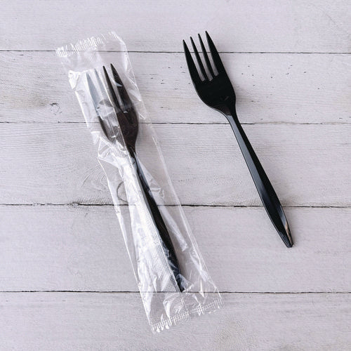 Image of Boardwalk® Mediumweight Wrapped Polypropylene Cutlery, Fork, Plastic, Black, 1,000/Carton