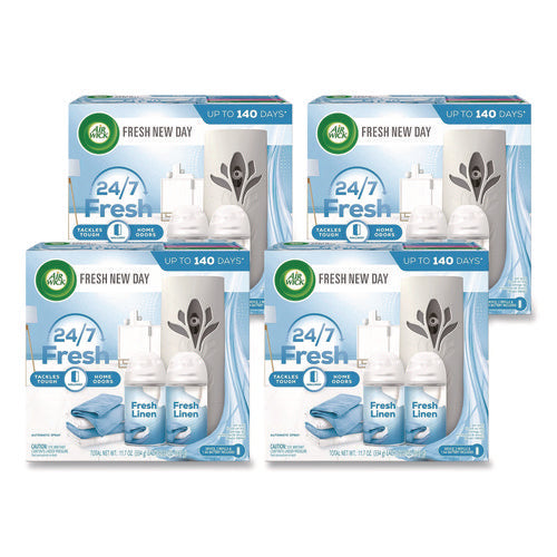Image of Air Wick® Freshmatic Ultra Automatic Starter Kit, Gadget/(2) 5.89 oz Fresh Linen Refills/AA Battery, 4 Kits/Carton