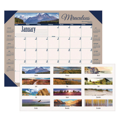 Image of House of Doolittle Earthscapes Recycled Monthly Desk Pad Calendar, Motivational Photos, 22 x 17, Blue Binding/Corners, 12-Month (Jan-Dec): 2025