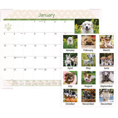 Image of AT-A-GLANCE® Puppies Monthly Desk Pad Calendar, Puppies Photography, 22 x 17, White Sheets, Clear Corners, 12-Month (Jan to Dec): 2025