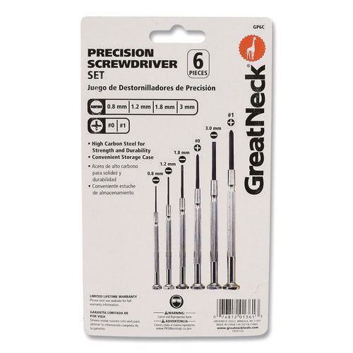 Image of Great Neck® Precision Screwdriver Set, Six-Piece, Phillips/Slotted, Assorted Lengths, Polished Steel Handles