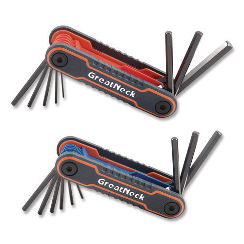 Image of Great Neck® Hex Key Fold-Up Tool Set, Two-Piece, Metric/SAE, Black-Oxide/Blue (SAE), Black-Oxide/Red (Metric)