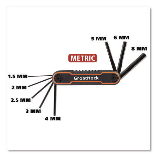 Image of Great Neck® Hex Key Fold-Up Tool Set, Two-Piece, Metric/SAE, Black-Oxide/Blue (SAE), Black-Oxide/Red (Metric)