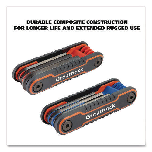 Image of Great Neck® Hex Key Fold-Up Tool Set, Two-Piece, Metric/SAE, Black-Oxide/Blue (SAE), Black-Oxide/Red (Metric)