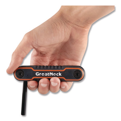Image of Great Neck® Hex Key Fold-Up Tool Set, Two-Piece, Metric/SAE, Black-Oxide/Blue (SAE), Black-Oxide/Red (Metric)