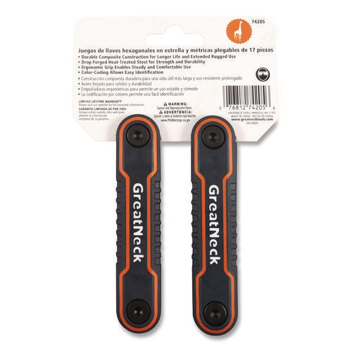 Image of Great Neck® Hex Key Fold-Up Tool Set, Two-Piece, Metric/SAE, Black-Oxide/Blue (SAE), Black-Oxide/Red (Metric)