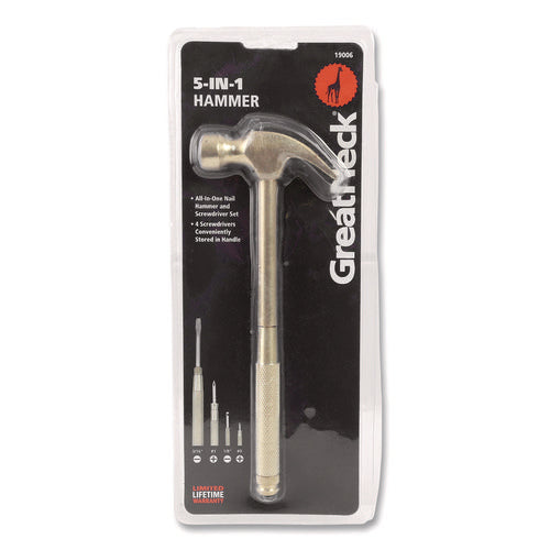 Image of Great Neck® 5-in-1 Carpenter's Hammer with Nesting Handle Containing Four Screwdrivers, 6.5" Long Gold Handle
