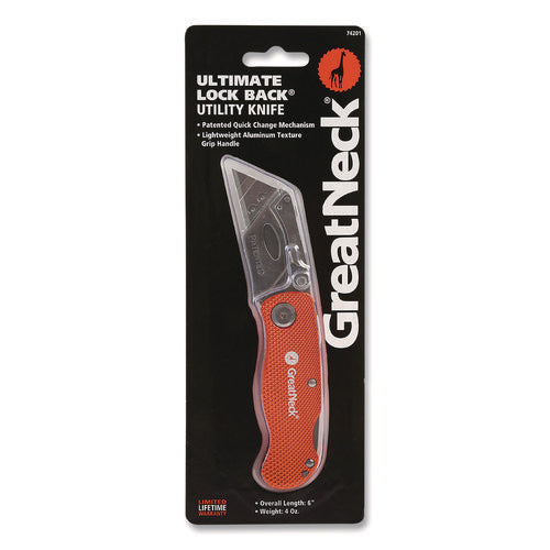 Image of Great Neck® Quick Change Lock Back Utility Knife, 3.5" Aluminum Handle, Orange