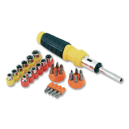 Image of Great Neck® Ratcheting Screw/Nut Driver Set, 34-Piece, Hex/Phillips/Slotted/Star Bits, Metric/SAE Sockets, 8" Long, Yellow/Black Handle