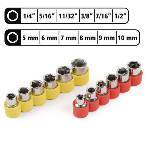 Image of Great Neck® Ratcheting Screw/Nut Driver Set, 34-Piece, Hex/Phillips/Slotted/Star Bits, Metric/SAE Sockets, 8" Long, Yellow/Black Handle