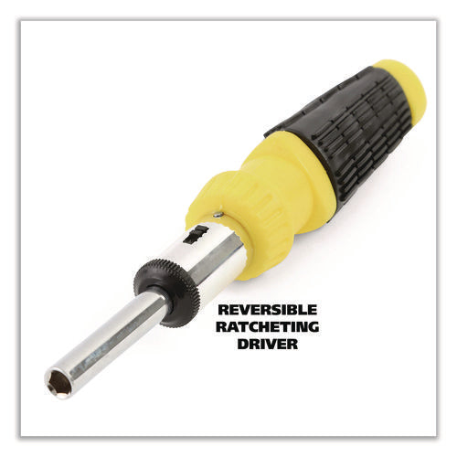 Image of Great Neck® Ratcheting Screw/Nut Driver Set, 34-Piece, Hex/Phillips/Slotted/Star Bits, Metric/SAE Sockets, 8" Long, Yellow/Black Handle