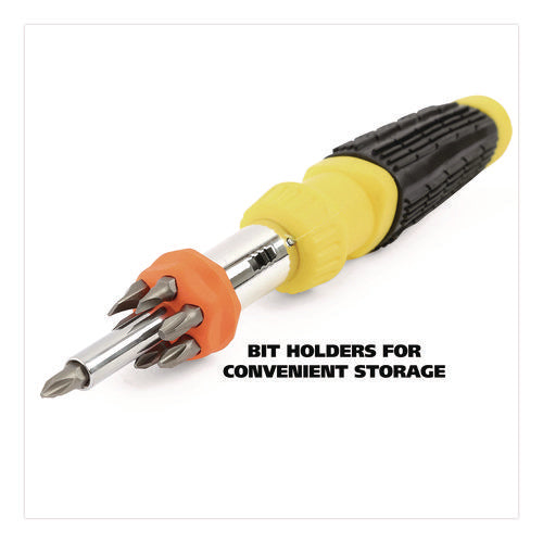 Image of Great Neck® Ratcheting Screw/Nut Driver Set, 34-Piece, Hex/Phillips/Slotted/Star Bits, Metric/SAE Sockets, 8" Long, Yellow/Black Handle