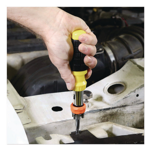 Image of Great Neck® Ratcheting Screw/Nut Driver Set, 34-Piece, Hex/Phillips/Slotted/Star Bits, Metric/SAE Sockets, 8" Long, Yellow/Black Handle