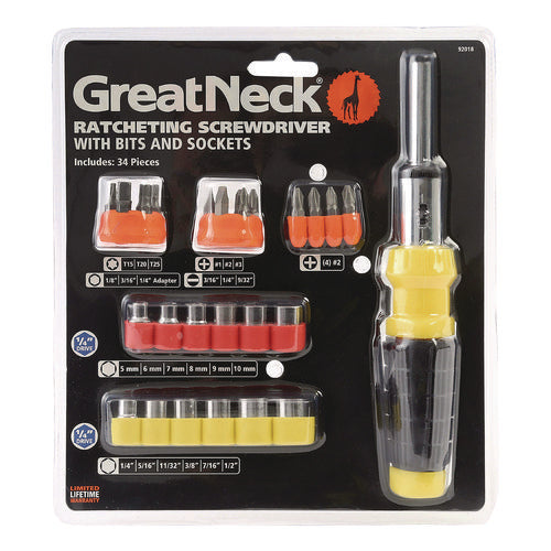 Image of Great Neck® Ratcheting Screw/Nut Driver Set, 34-Piece, Hex/Phillips/Slotted/Star Bits, Metric/SAE Sockets, 8" Long, Yellow/Black Handle