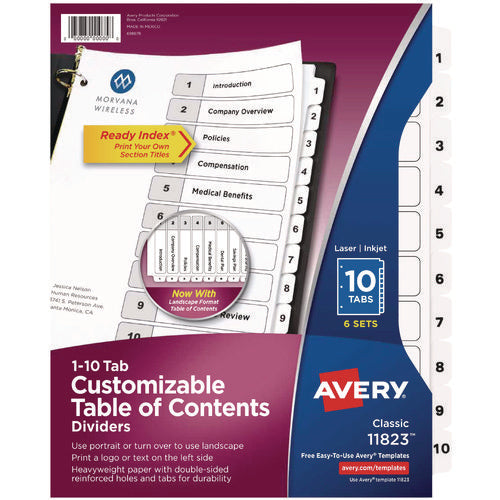 Image of Avery® customizable table of contents ready index black and white dividers, 10-tab, 1 to 10, 11 x 8.5, white, 6 sets