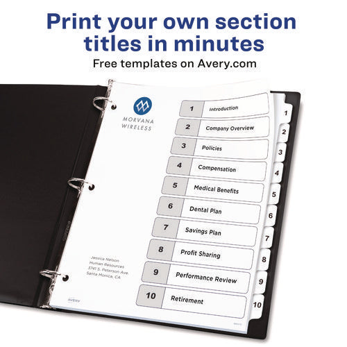 Image of Avery® customizable table of contents ready index black and white dividers, 10-tab, 1 to 10, 11 x 8.5, white, 6 sets