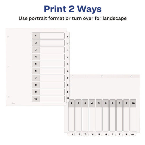 Image of Avery® customizable table of contents ready index black and white dividers, 10-tab, 1 to 10, 11 x 8.5, white, 6 sets