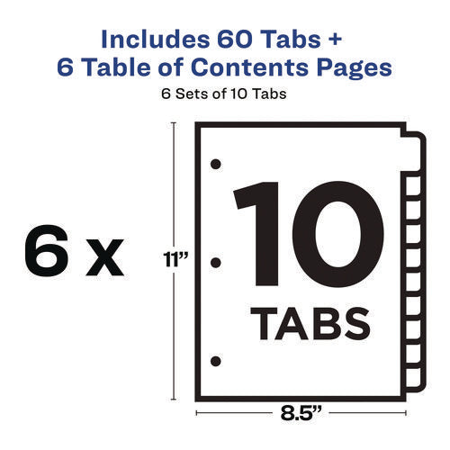 Image of Avery® customizable table of contents ready index black and white dividers, 10-tab, 1 to 10, 11 x 8.5, white, 6 sets