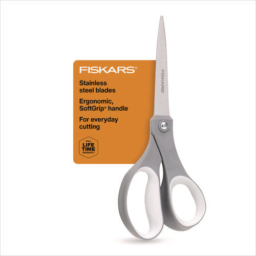 Image of Fiskars® Contoured Performance Scissors, 8" Long, 3.13" Cut Length, Straight Gray Softgrip Handle