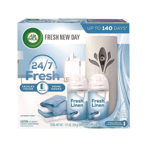 Image of Air Wick® Freshmatic Ultra Automatic Starter Kit, Gadget/(2) 5.89 oz Fresh Linen Refills/AA Battery, 4 Kits/Carton