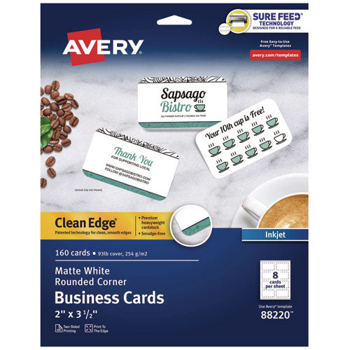 Image of Avery® Round Corner Print-To-The-Edge Business Cards, Inkjet, 2 X 3.5, White, 160 Cards, 8 Cards/sheet, 20 Sheets/pack