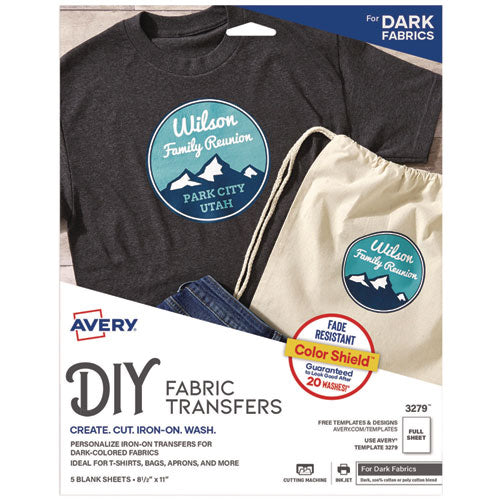 Image of Avery® Fabric Transfers for Dark-Colored Fabrics, 8.5 x 11, White, 5/Pack