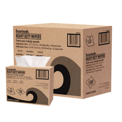Image of Boardwalk® Hydrospun Wipers, 1-Ply, 9.75 x 16.75, White, 126/Box, 10 Boxes/Carton