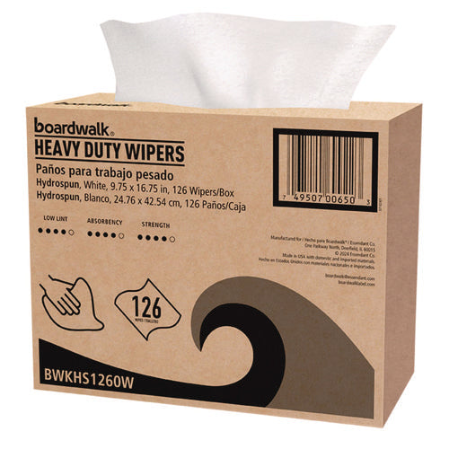 Image of Boardwalk® Hydrospun Wipers, 1-Ply, 9.75 x 16.75, White, 126/Box, 10 Boxes/Carton