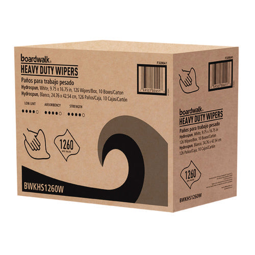 Image of Boardwalk® Hydrospun Wipers, 1-Ply, 9.75 x 16.75, White, 126/Box, 10 Boxes/Carton