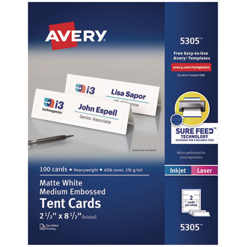 Image of Avery® Medium Embossed Tent Cards, White, 8.5 x 2.5, 2 Cards/Sheet, 50 Sheets/Box