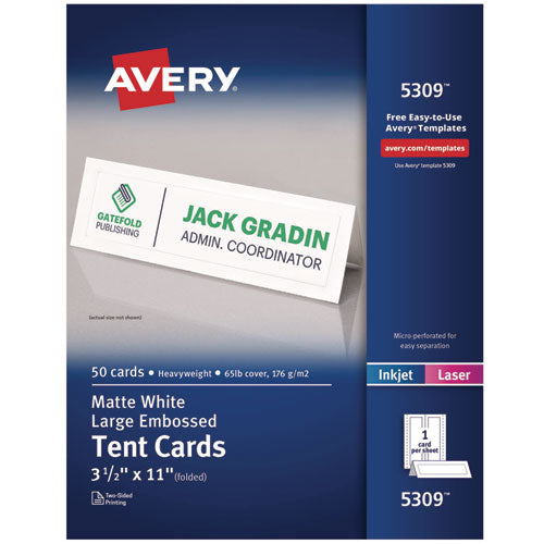 Image of Avery® Large Embossed Tent Card, White, 11, x 3.5, 1 Card/Sheet, 50 Sheets/Box