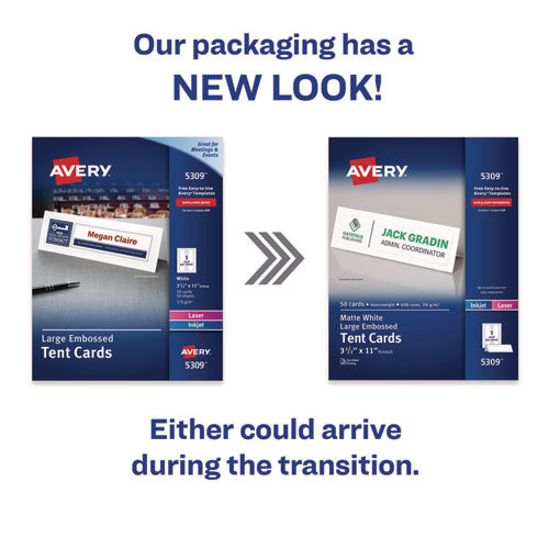 Image of Avery® Large Embossed Tent Card, White, 11, x 3.5, 1 Card/Sheet, 50 Sheets/Box