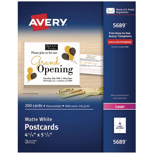 Image of Avery® Printable Postcards, Laser, 80 lb, 4.25 x 5.5, Matte White, 200 Cards, 4 Cards/Sheet, 50 Sheets/Box