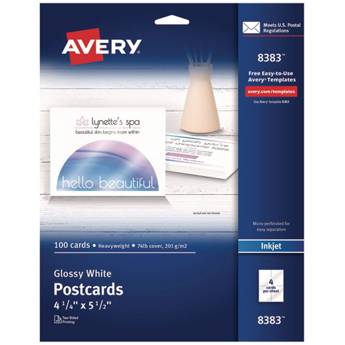 Image of Avery® Photo-Quality Printable Postcards, Inkjet, 74 Lb, 4.25 X 5.5, Glossy White, 100 Cards, 4 Cards/sheet, 25 Sheets/pack