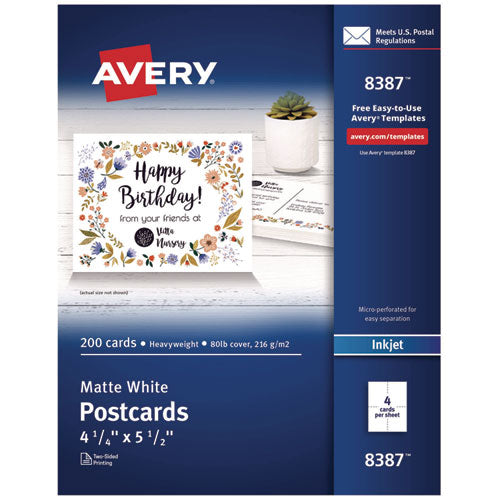 Image of Avery® Printable Postcards, Inkjet, 80 lb, 4.25 x 5.5, Matte White, 200 Cards, 4 Cards/Sheet, 50 Sheets/Box
