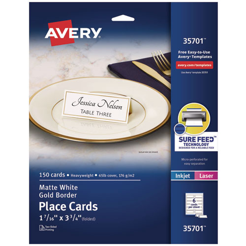 Image of Avery® Tent Cards, White/Gold, 3.75" x 1.44", 6 Cards/Sheet, 25 Sheets/Pack