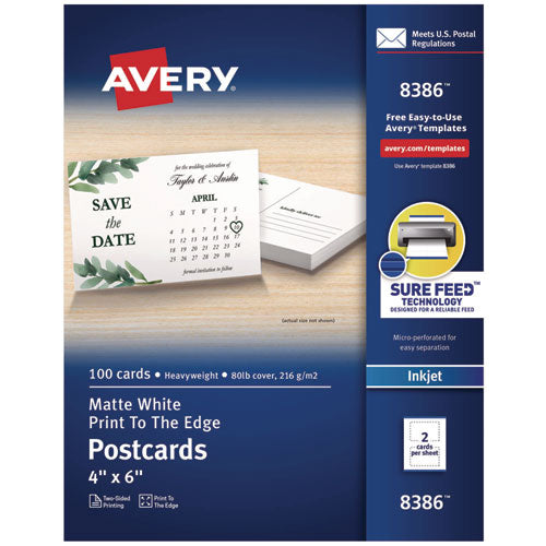 Image of Avery® Printable Postcards, Inkjet, 80 lb, 4 x 6, Matte White, 100 Cards, 2 Cards/Sheet, 50 Sheets/Box