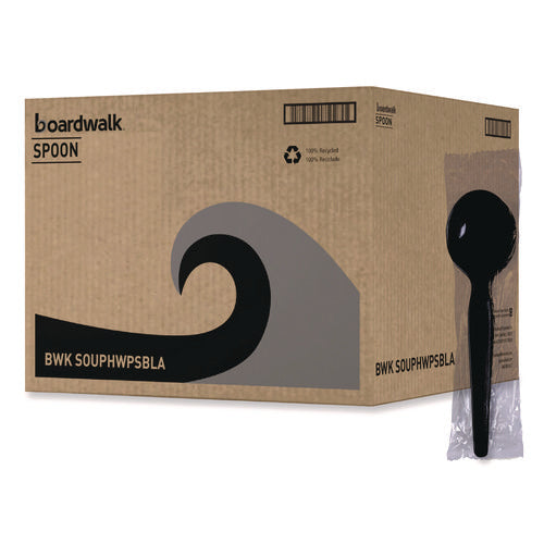 Image of Boardwalk® Heavyweight Polystyrene Cutlery, Soup Spoon, Plastic, Black, 1,000/Carton