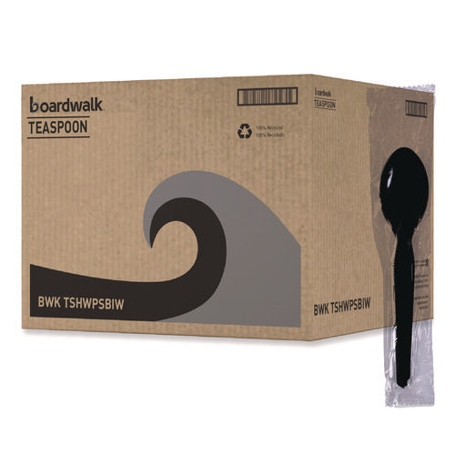 Image of Boardwalk® Heavyweight Wrapped Polystyrene Cutlery, Spoon, Plastic, Black, 1,000/Carton