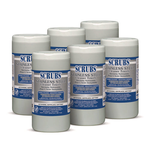 Image of SCRUBS® Stainless Steel Cleaner Towels, 1-Ply, 9.75 x 10.5, Lemon Scent, 30/Canister, 6 Canisters/Carton