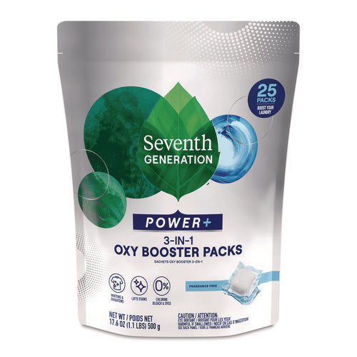 Image of Seventh Generation® Power+ 3-in-1 Oxy Booster Packs, Fragrance Free, 17.6 oz, 25 Tabs/Pack, 6 Packs/Carton
