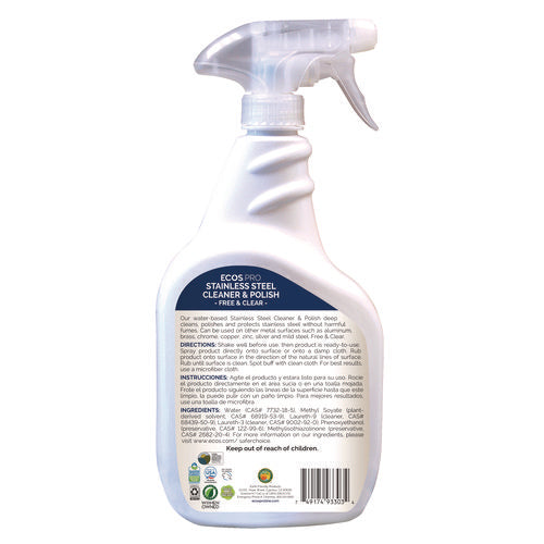 Image of ECOS® PRO Stainless Steel Cleaner and Polish, Free and Clear Scent, 32 oz Spray Bottle, 6/Carton