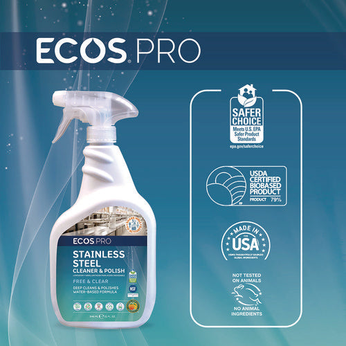 Image of ECOS® PRO Stainless Steel Cleaner and Polish, Free and Clear Scent, 32 oz Spray Bottle, 6/Carton