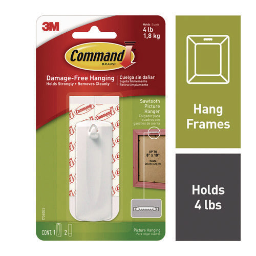 Image of Command Sawtooth Picture Hanger, One Hanger, Two Strips, White, Supports 4 lbs