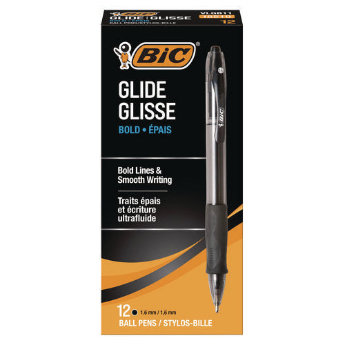 Image of BIC® Glide Bold Ballpoint Pen, Retractable, Bold 1.6 Mm, Black Ink, Smoke Barrel, Dozen